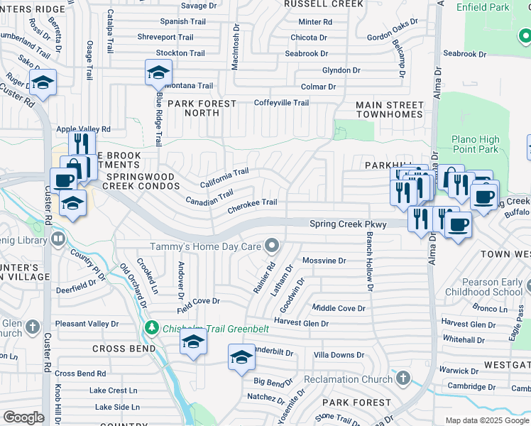 map of restaurants, bars, coffee shops, grocery stores, and more near 1509 Spring Creek Parkway in Plano