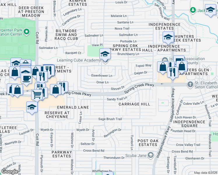 map of restaurants, bars, coffee shops, grocery stores, and more near 3433 Steven Drive in Plano