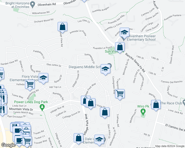 map of restaurants, bars, coffee shops, grocery stores, and more near 660 Willowspring Drive North in Encinitas