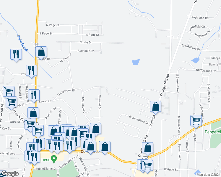 map of restaurants, bars, coffee shops, grocery stores, and more near 404 Town Center Drive in LaGrange