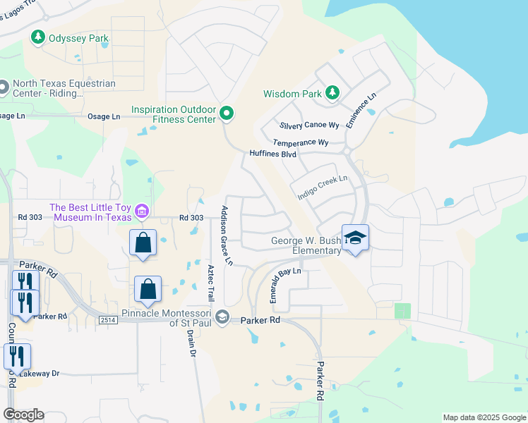 map of restaurants, bars, coffee shops, grocery stores, and more near 1515 Mariners Hope Way in Wylie