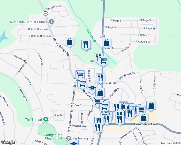 map of restaurants, bars, coffee shops, grocery stores, and more near 210 Russell Street in LaGrange