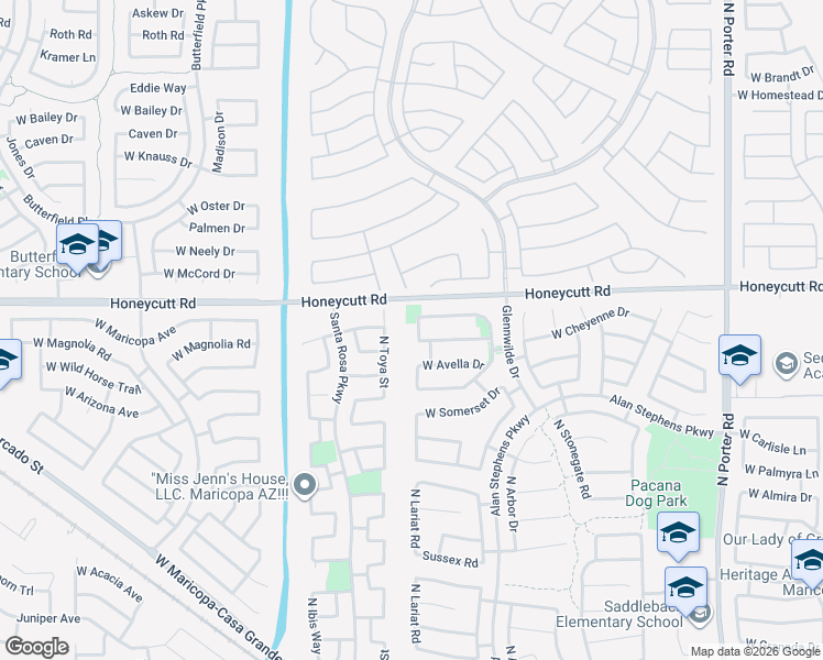 map of restaurants, bars, coffee shops, grocery stores, and more near 19532 North Lariat Road in Maricopa