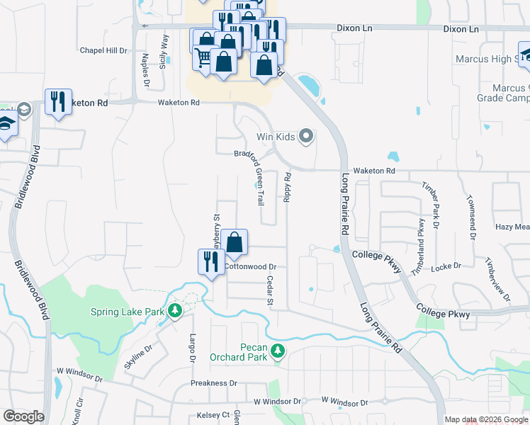map of restaurants, bars, coffee shops, grocery stores, and more near 5212 Bradford Green Trail in Flower Mound
