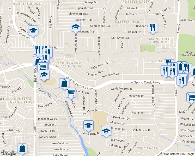 map of restaurants, bars, coffee shops, grocery stores, and more near 1533 Cherokee Trail in Plano