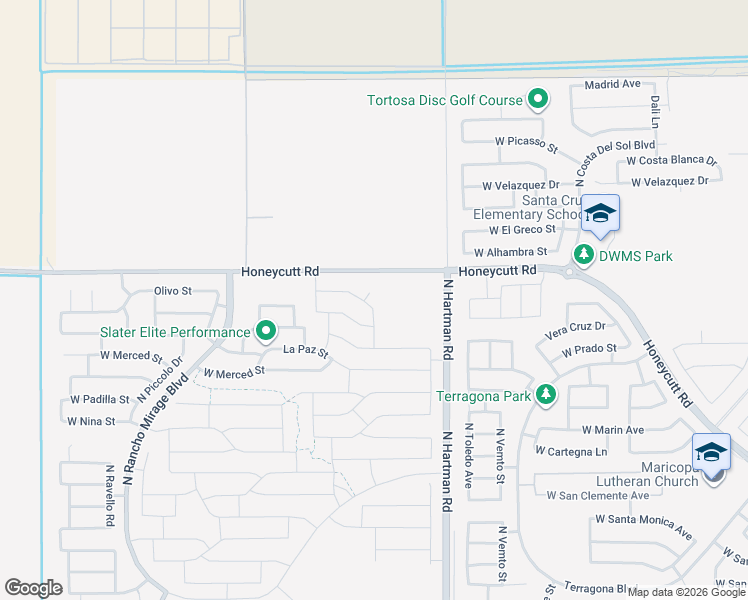 map of restaurants, bars, coffee shops, grocery stores, and more near 19561 North Barano Drive in Maricopa