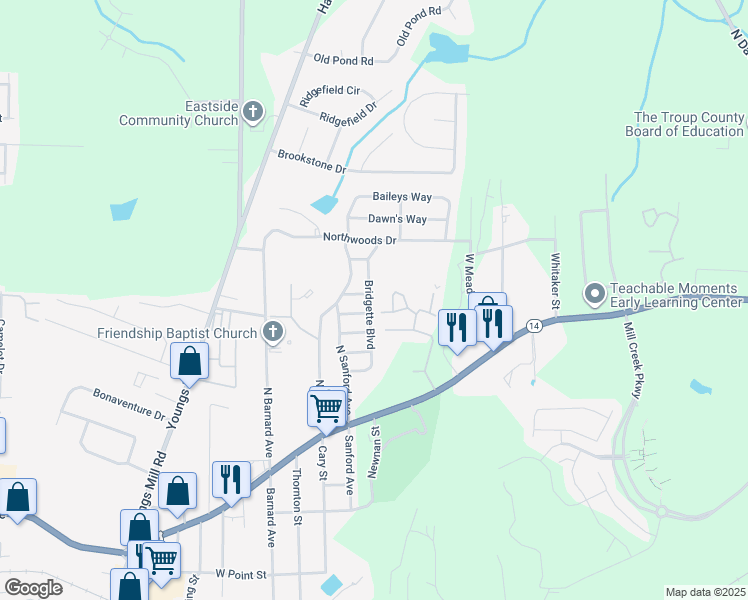 map of restaurants, bars, coffee shops, grocery stores, and more near 404 Bridgette Boulevard in LaGrange