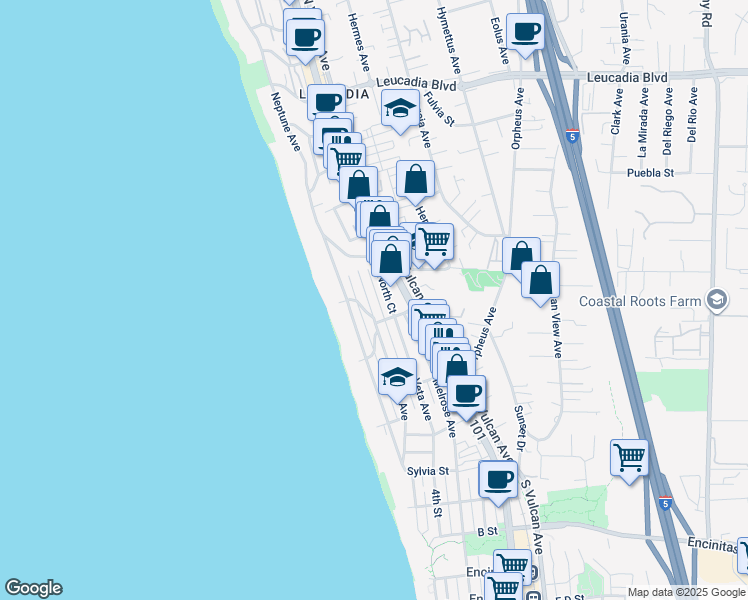 map of restaurants, bars, coffee shops, grocery stores, and more near 445 La Mesa Avenue in Encinitas