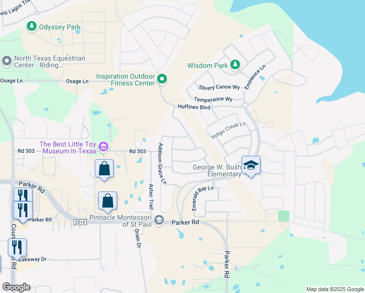 map of restaurants, bars, coffee shops, grocery stores, and more near 1515 Mariners Hope Way in Wylie