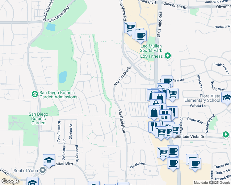 map of restaurants, bars, coffee shops, grocery stores, and more near 645 Via Cantebria in Encinitas