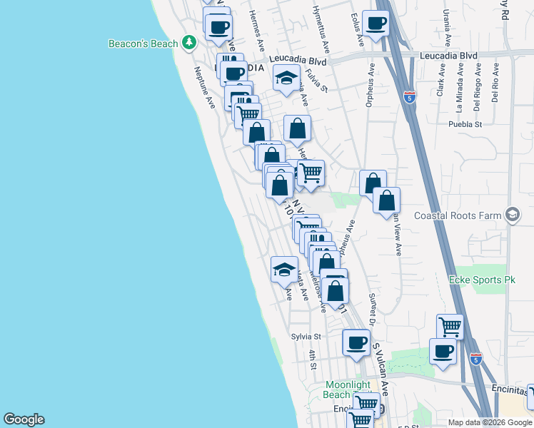 map of restaurants, bars, coffee shops, grocery stores, and more near 445 La Mesa Avenue in Encinitas