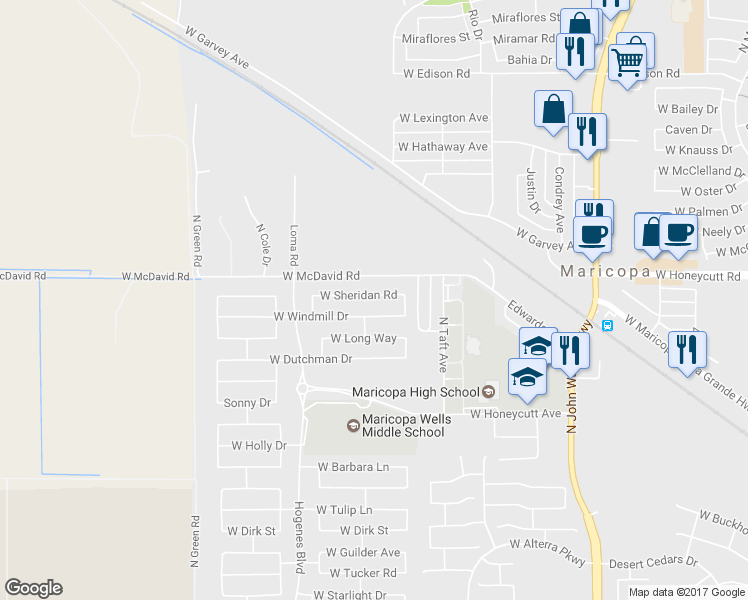 map of restaurants, bars, coffee shops, grocery stores, and more near 45583 West Sheridan Road in Maricopa