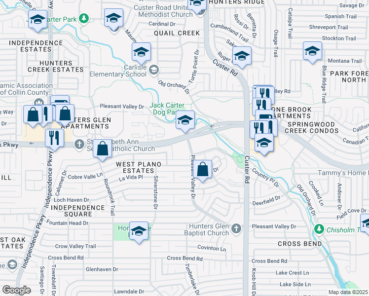 map of restaurants, bars, coffee shops, grocery stores, and more near 2120 Spring Creek Parkway in Plano