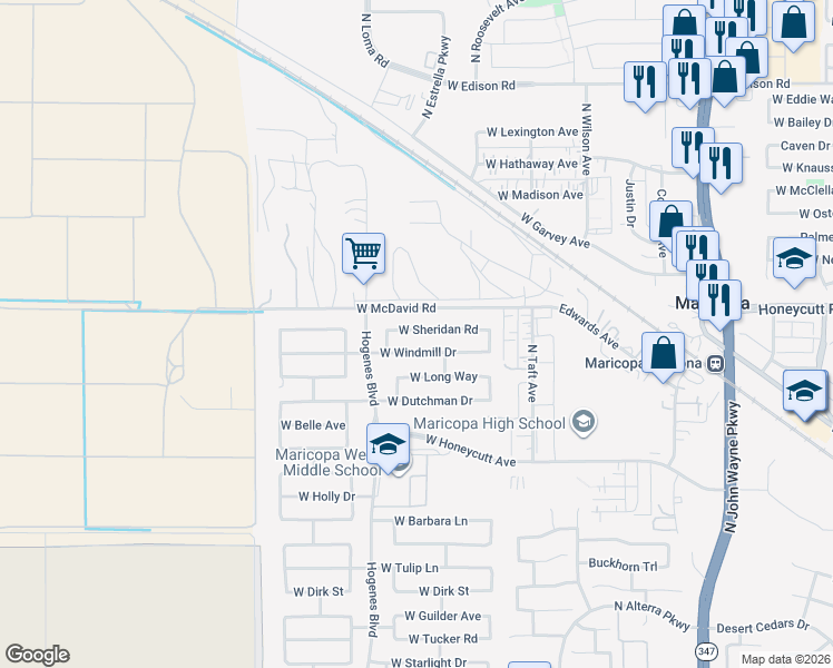 map of restaurants, bars, coffee shops, grocery stores, and more near 45723 West Sheridan Road in Maricopa