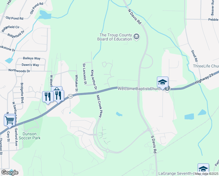 map of restaurants, bars, coffee shops, grocery stores, and more near 1515 Hogansville Rd in La Grange