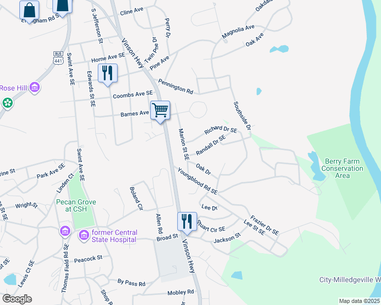 map of restaurants, bars, coffee shops, grocery stores, and more near 107 Randall Dr SE in Milledgeville