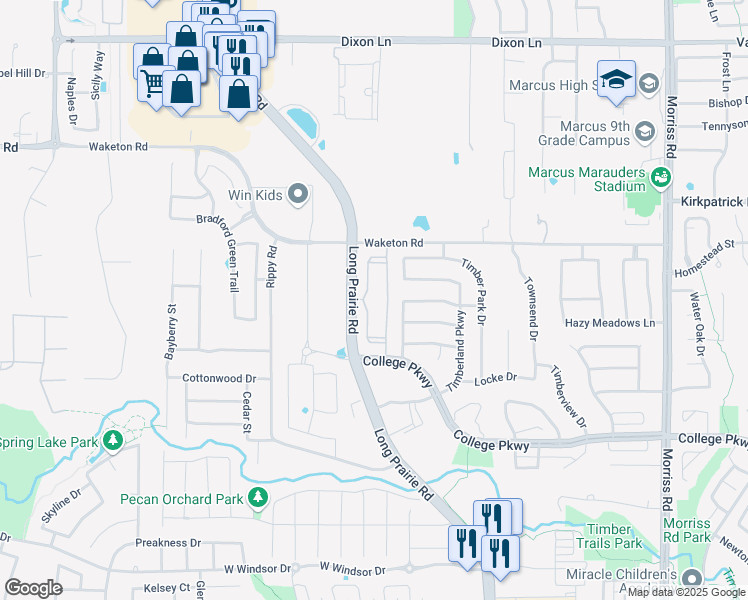 map of restaurants, bars, coffee shops, grocery stores, and more near 5210 Long Prairie Road in Flower Mound