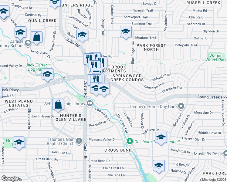 map of restaurants, bars, coffee shops, grocery stores, and more near 1940 West Spring Creek Parkway in Plano