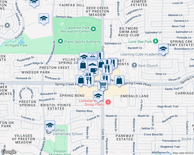 map of restaurants, bars, coffee shops, grocery stores, and more near in Plano
