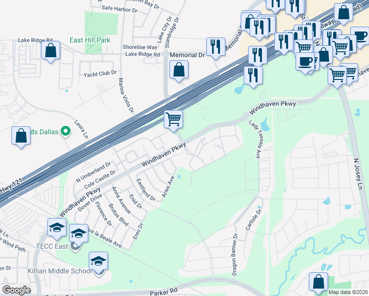 map of restaurants, bars, coffee shops, grocery stores, and more near 3600 Windhaven Parkway in Lewisville