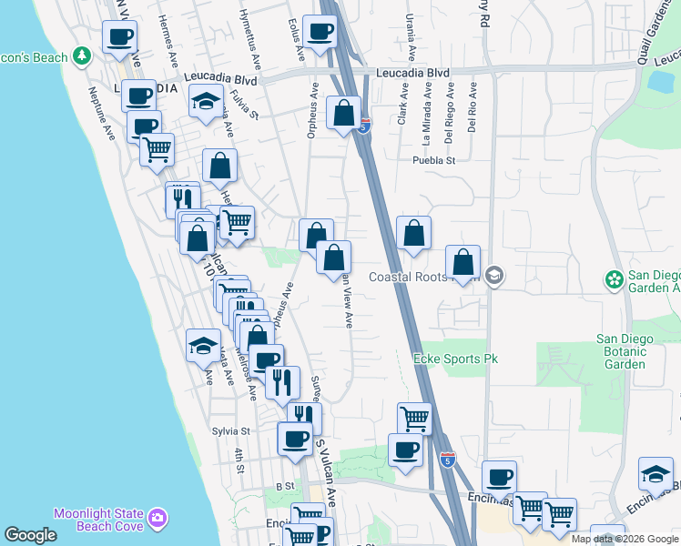 map of restaurants, bars, coffee shops, grocery stores, and more near 468 Ocean View Avenue in Encinitas
