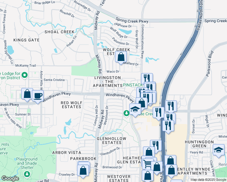 map of restaurants, bars, coffee shops, grocery stores, and more near 6301 Windhaven Parkway in Plano