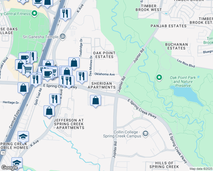 map of restaurants, bars, coffee shops, grocery stores, and more near 2001 East Spring Creek Parkway in Plano