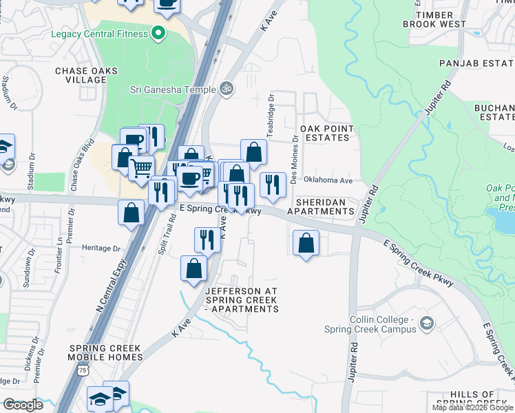 map of restaurants, bars, coffee shops, grocery stores, and more near 1813 East Spring Creek Parkway in Plano