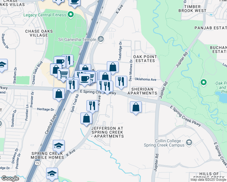 map of restaurants, bars, coffee shops, grocery stores, and more near 1807 East Spring Creek Parkway in Plano