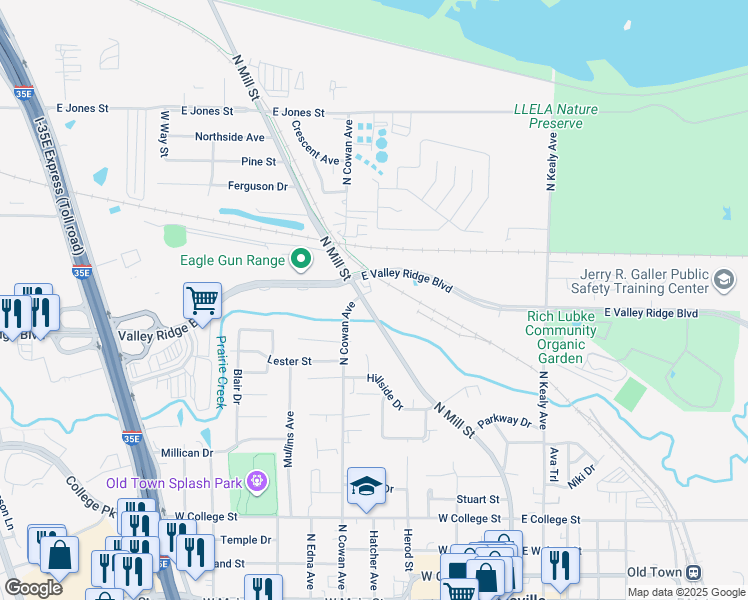 map of restaurants, bars, coffee shops, grocery stores, and more near 960 North Mill Street in Lewisville