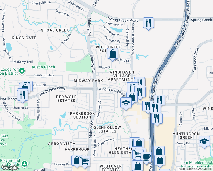 map of restaurants, bars, coffee shops, grocery stores, and more near 6301 Windhaven Parkway in Plano