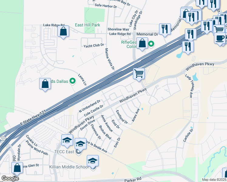 map of restaurants, bars, coffee shops, grocery stores, and more near 3029 White Stag Way in Lewisville