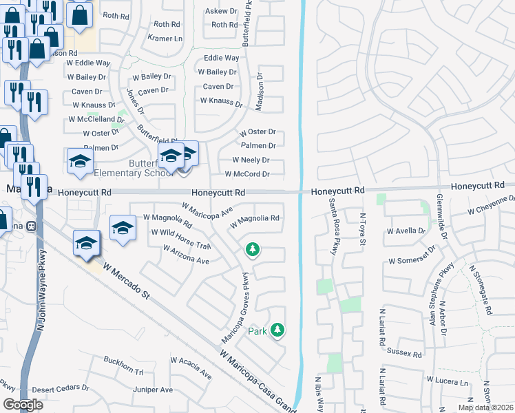 map of restaurants, bars, coffee shops, grocery stores, and more near 43335 West Maricopa Avenue in Maricopa