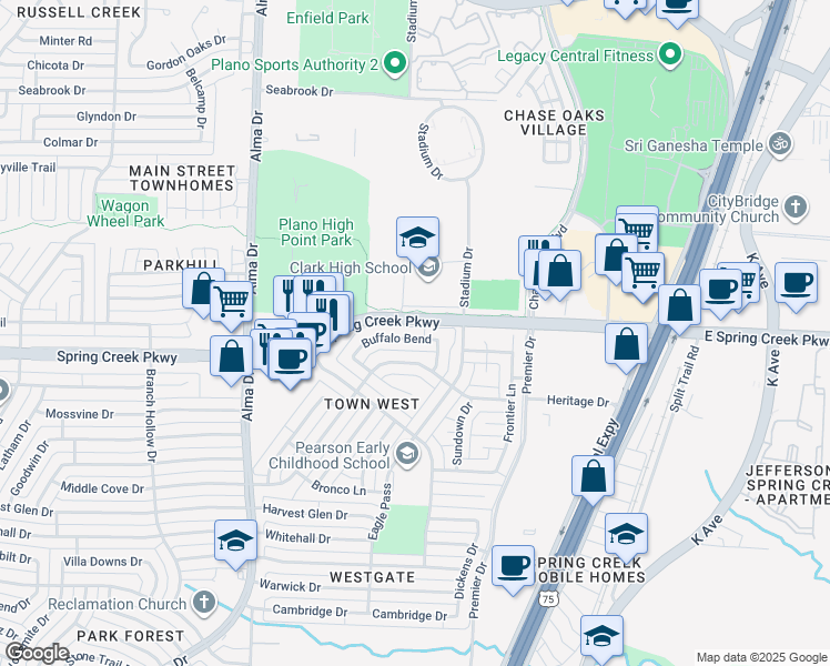map of restaurants, bars, coffee shops, grocery stores, and more near 617 Buffalo Bend in Plano