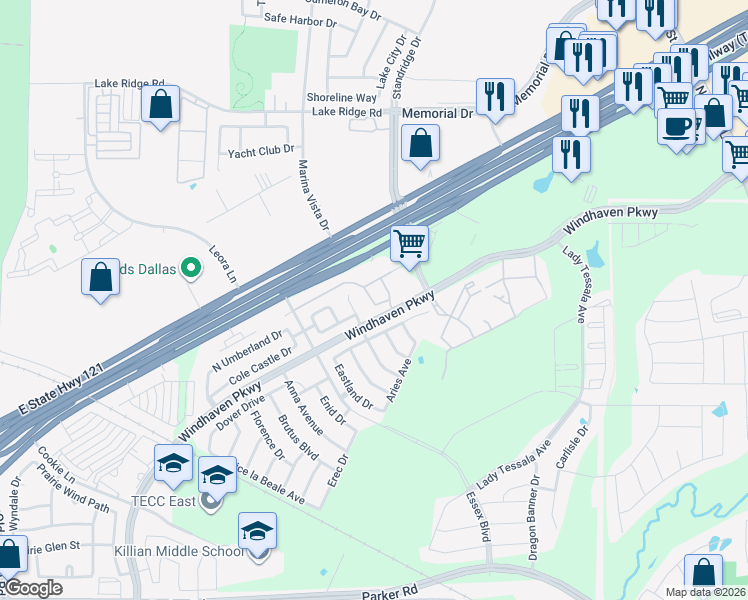 map of restaurants, bars, coffee shops, grocery stores, and more near 205 Vagon Castle Lane in Lewisville