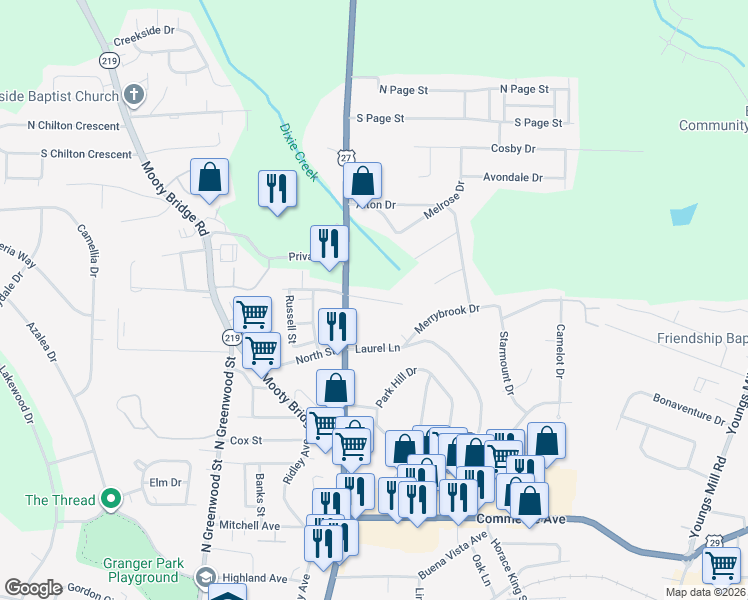 map of restaurants, bars, coffee shops, grocery stores, and more near 107 Mimosa Terrace in LaGrange