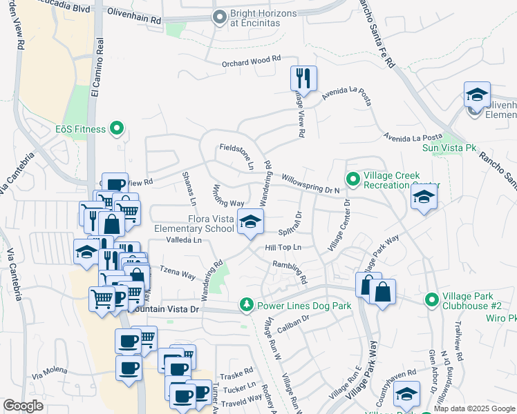 map of restaurants, bars, coffee shops, grocery stores, and more near 1848 Wandering Road in Encinitas