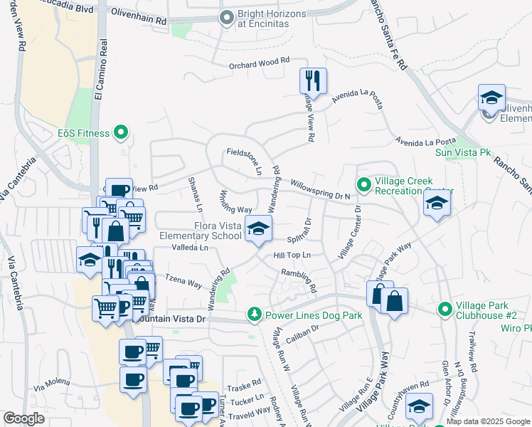 map of restaurants, bars, coffee shops, grocery stores, and more near 1848 Wandering Road in Encinitas