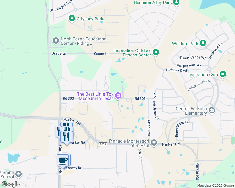map of restaurants, bars, coffee shops, grocery stores, and more near 3520 Road 303 in Wylie