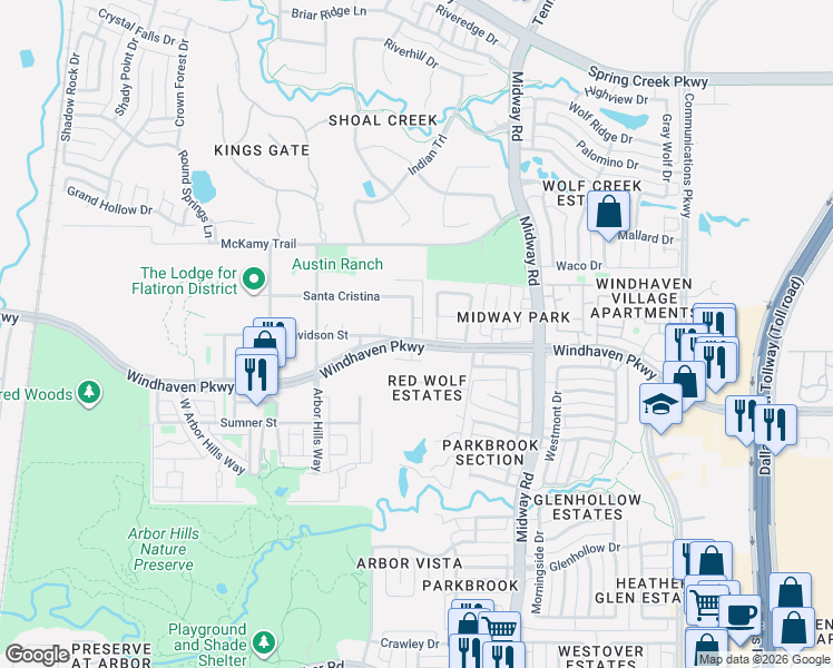map of restaurants, bars, coffee shops, grocery stores, and more near 6002 Silver Oak Drive in The Colony