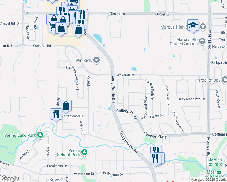 map of restaurants, bars, coffee shops, grocery stores, and more near 5216 Long Prairie Road in Flower Mound