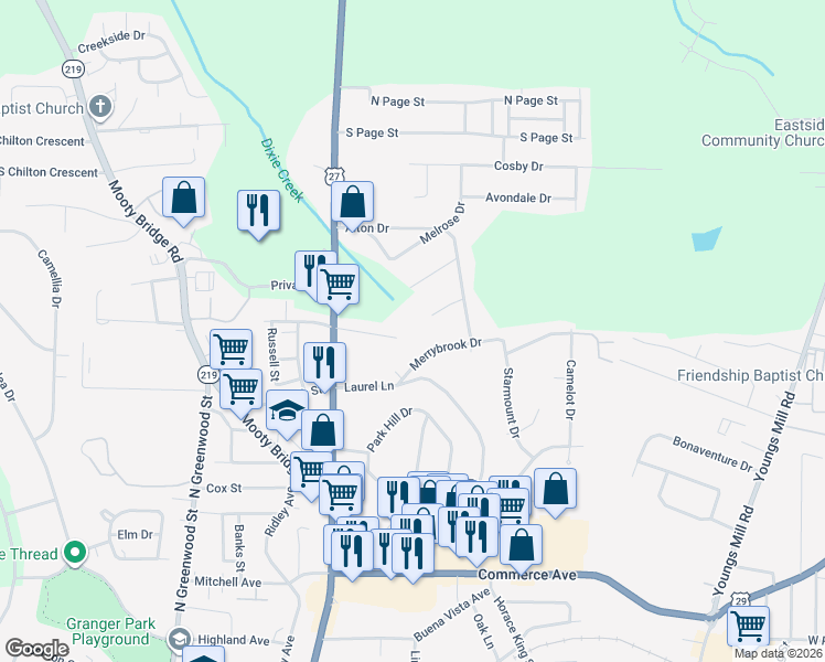 map of restaurants, bars, coffee shops, grocery stores, and more near 209 Mimosa Terrace in LaGrange