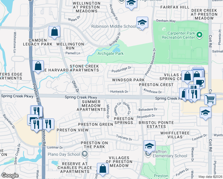 map of restaurants, bars, coffee shops, grocery stores, and more near 4561 Huntwick Drive in Plano