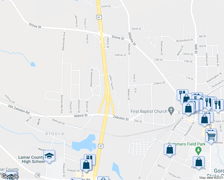 map of restaurants, bars, coffee shops, grocery stores, and more near 248 Indian Trail Road in Barnesville