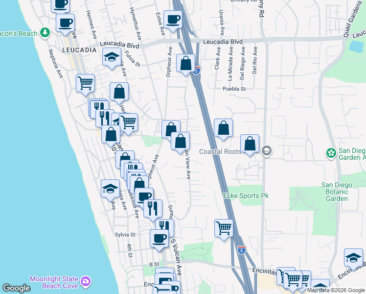 map of restaurants, bars, coffee shops, grocery stores, and more near 468 Ocean View Avenue in Encinitas