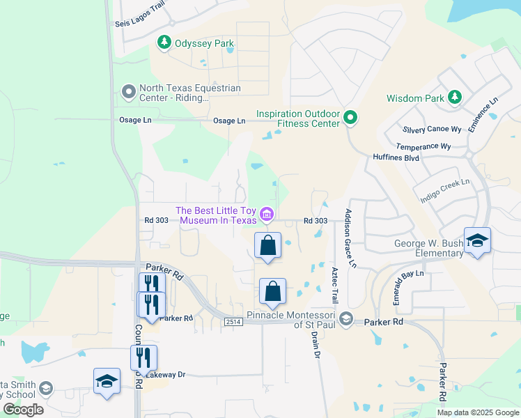 map of restaurants, bars, coffee shops, grocery stores, and more near 3520 Road 303 in Wylie