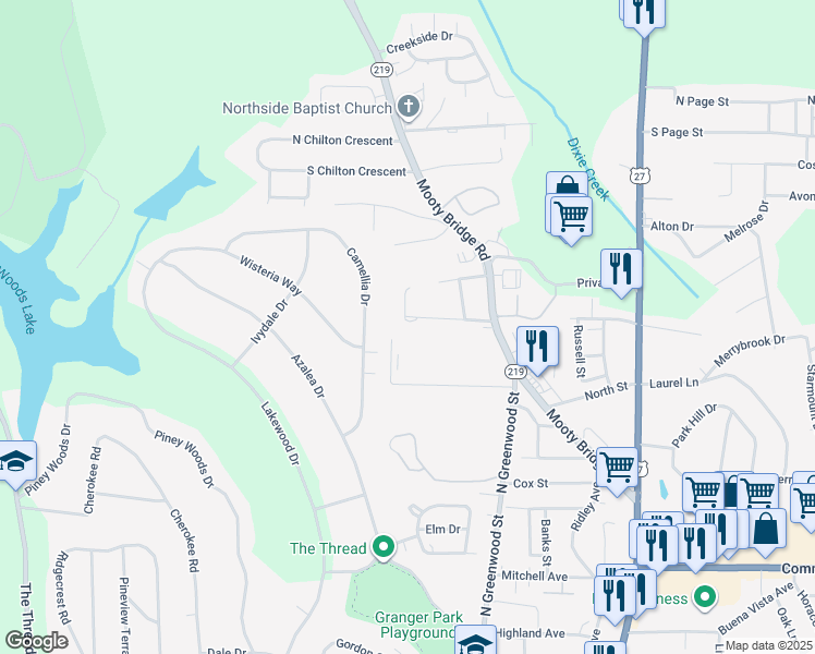 map of restaurants, bars, coffee shops, grocery stores, and more near 129 Sunset Street in LaGrange