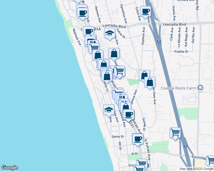 map of restaurants, bars, coffee shops, grocery stores, and more near 445 La Veta Avenue in Encinitas