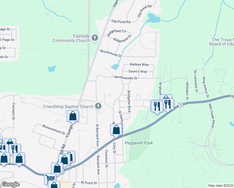 map of restaurants, bars, coffee shops, grocery stores, and more near 201 North Cary Street in LaGrange