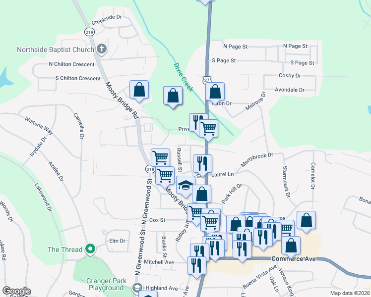 map of restaurants, bars, coffee shops, grocery stores, and more near 210 Russell Street in LaGrange
